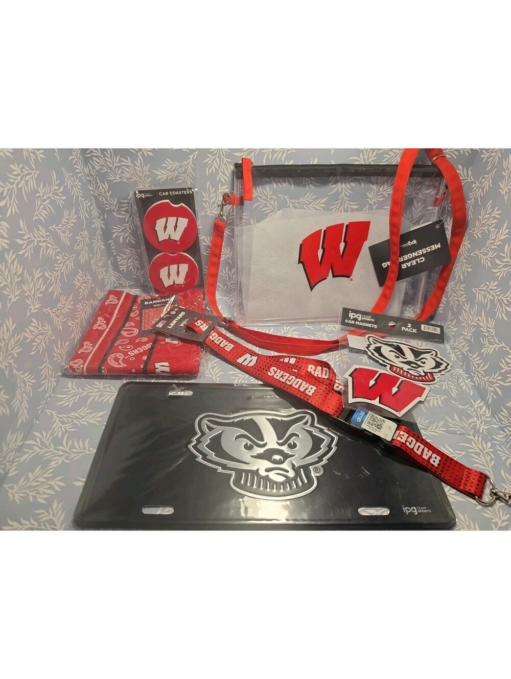 Lot of New Wisconsin Badgers Items Bag Lanyard Bandana magnets Car Coasters